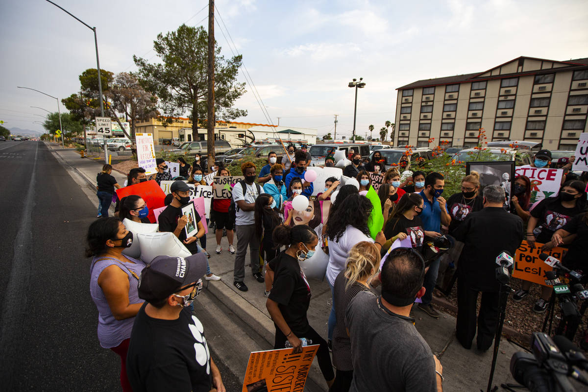 People gather in memory of Lesly Palacio, who was found slain near Valley of Fire State Park, a ...