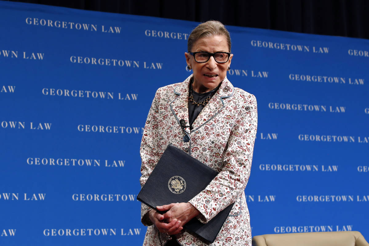 In this Sept. 26, 2018, file photo, Supreme Court Justice Ruth Bader Ginsburg leaves the stage ...