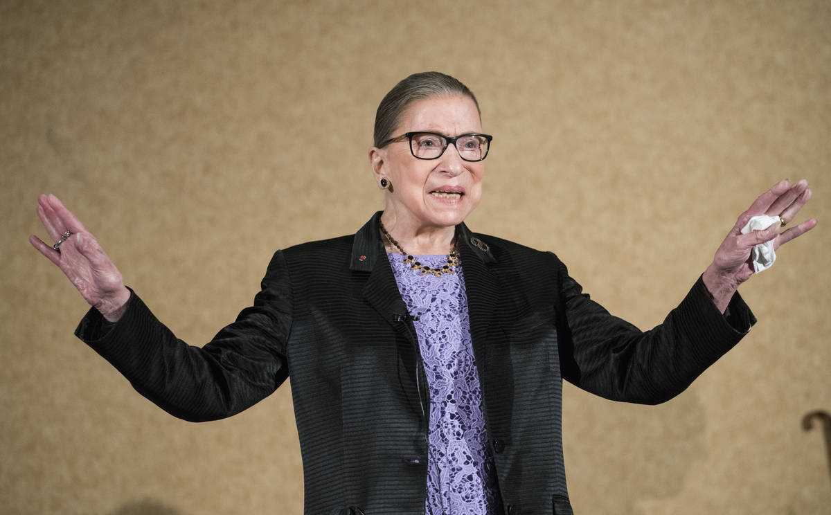 In this Aug. 19, 2016, file photo, Supreme Court Justice Ruth Bader Ginsburg is introduced duri ...