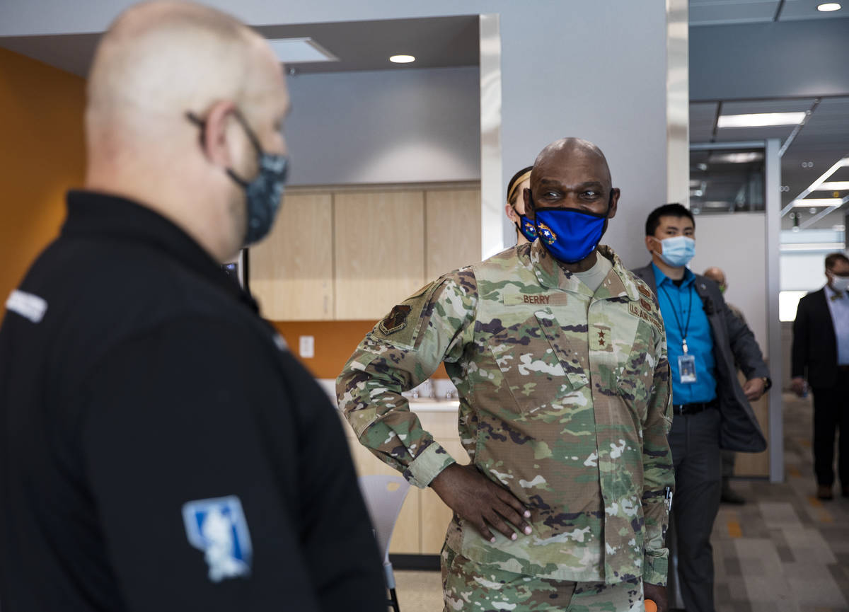 Core construction project superintendent Edward Ojeda, left, speaks with Major General Ondra Be ...