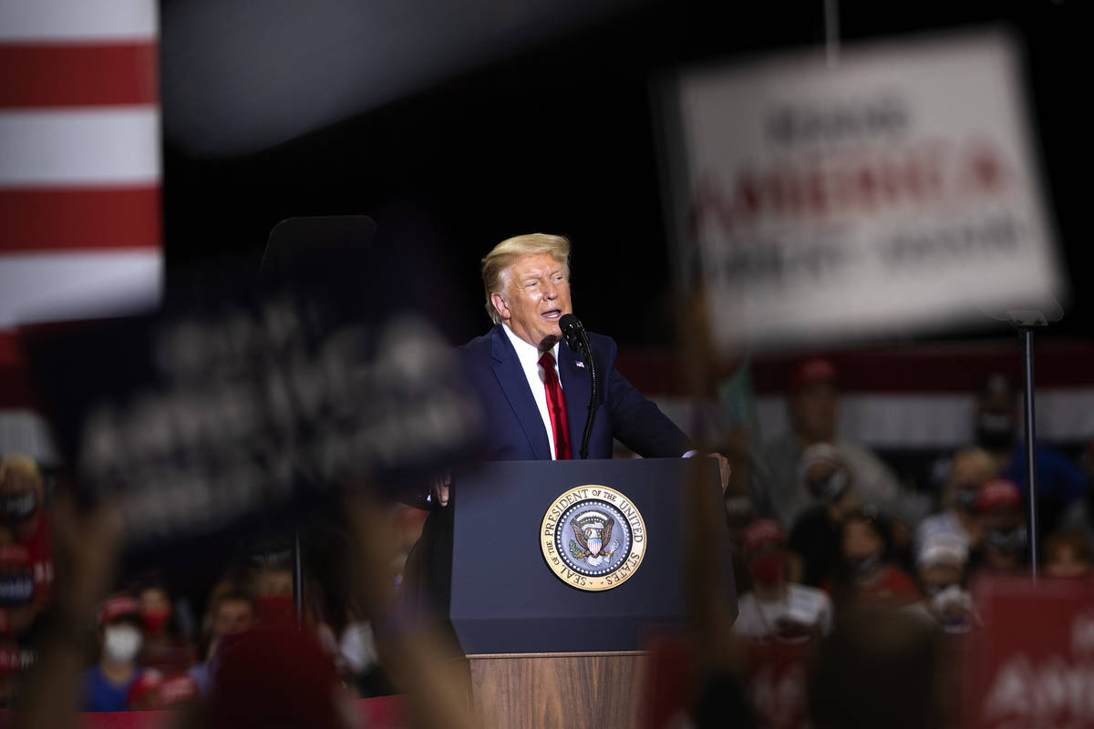 President Donald Trump speaks during a campaign rally at Xtreme Manufacturing on Sunday, Sept. ...