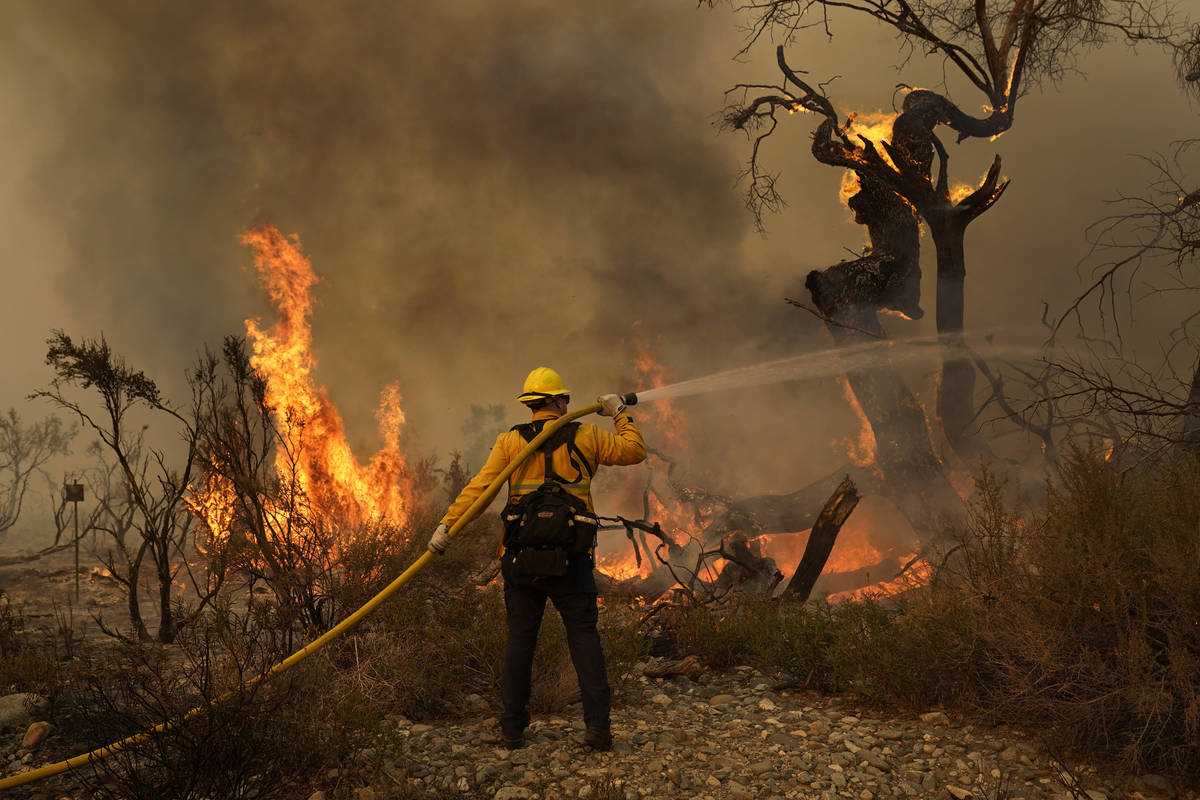 Jesse Vasquez, of the San Bernardino County Fire Department, hoses down hot spots from the Bobc ...
