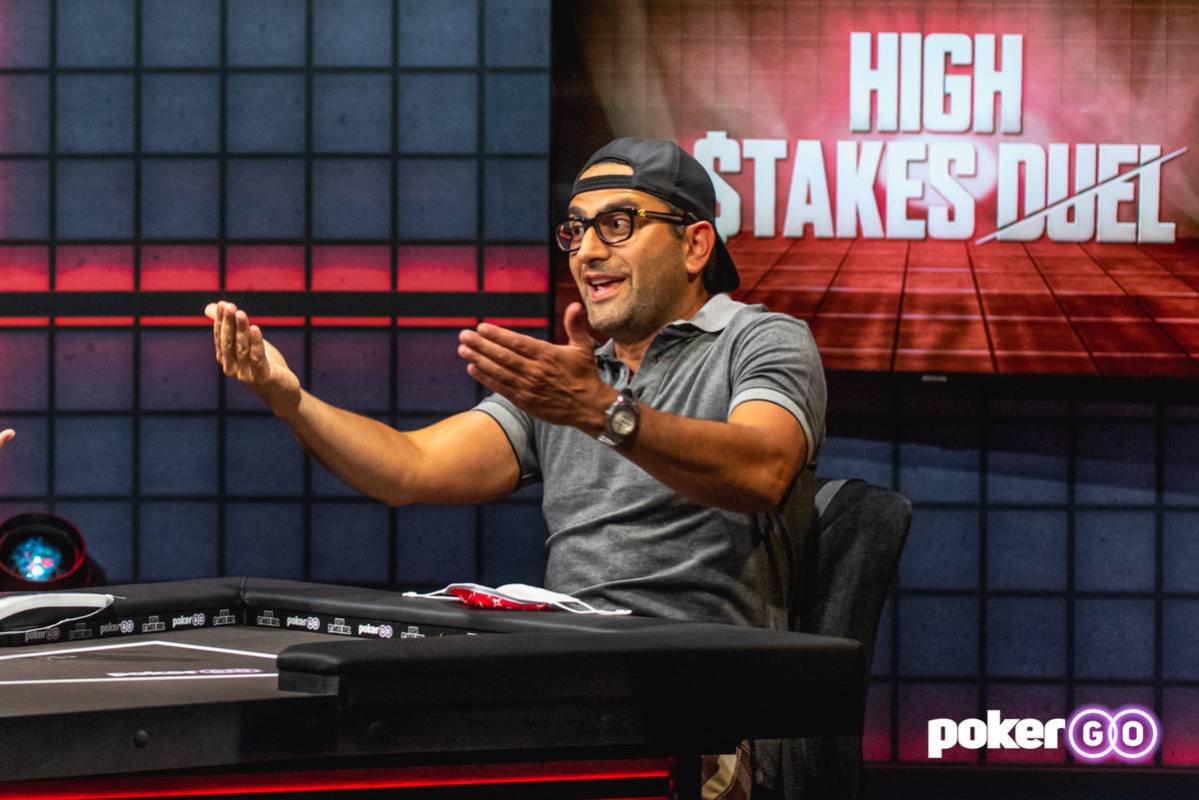 Antonio Esfandiari on the set of "High Stakes Duel" on PokerGO. He is challenging Phil Hellmuth ...