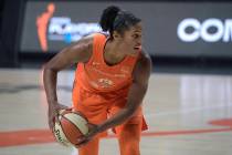 Connecticut Sun forward Alyssa Thomas (25) sets up a play during the second half of Game 1 of a ...