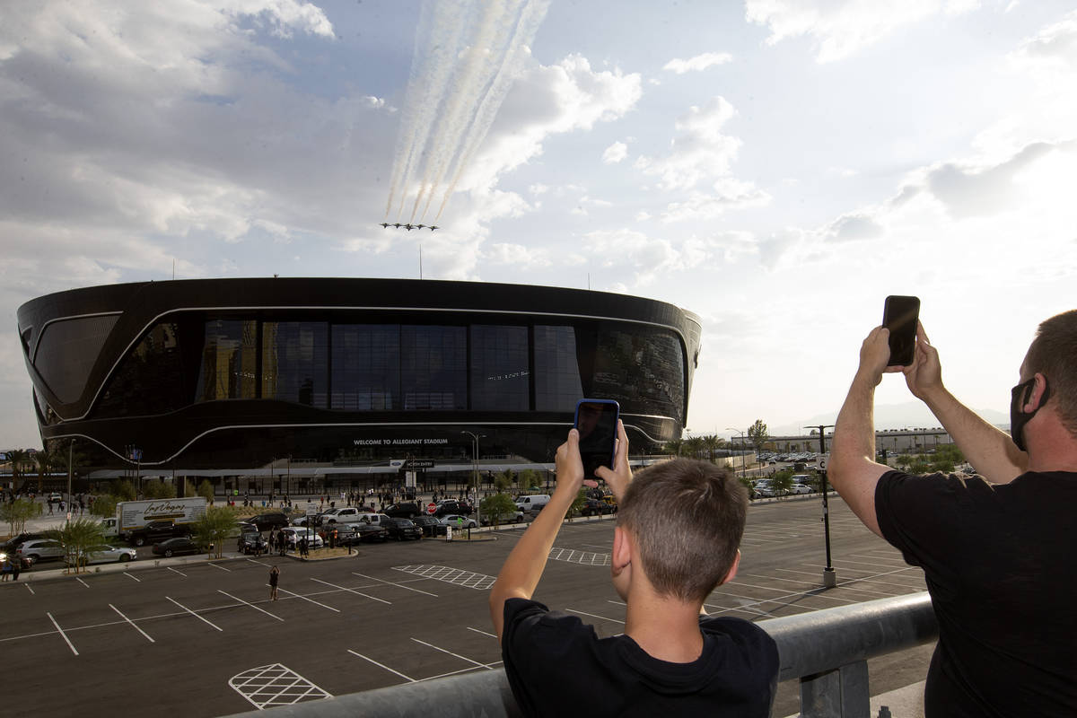 The Thunderbirds fly over Allegiant Stadium before the Raiders' first home game on Monday, Sept ...