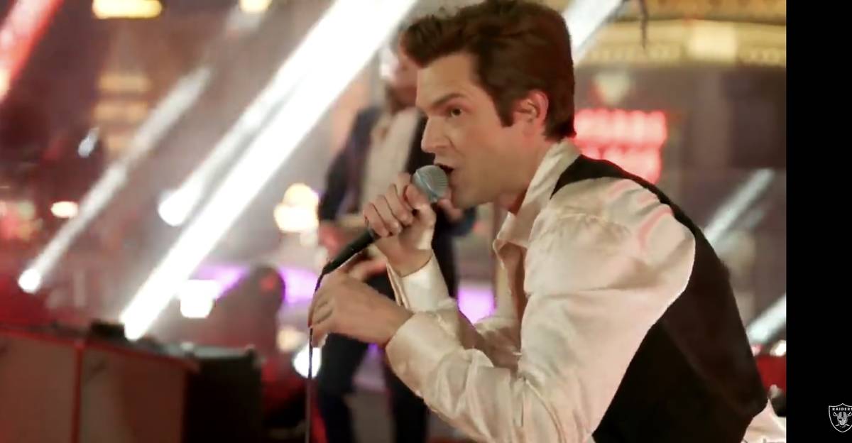 Brandon Flowers is shown in a screen grab of The Killers' Las Vegas Raiders-New Orleans Saints ...