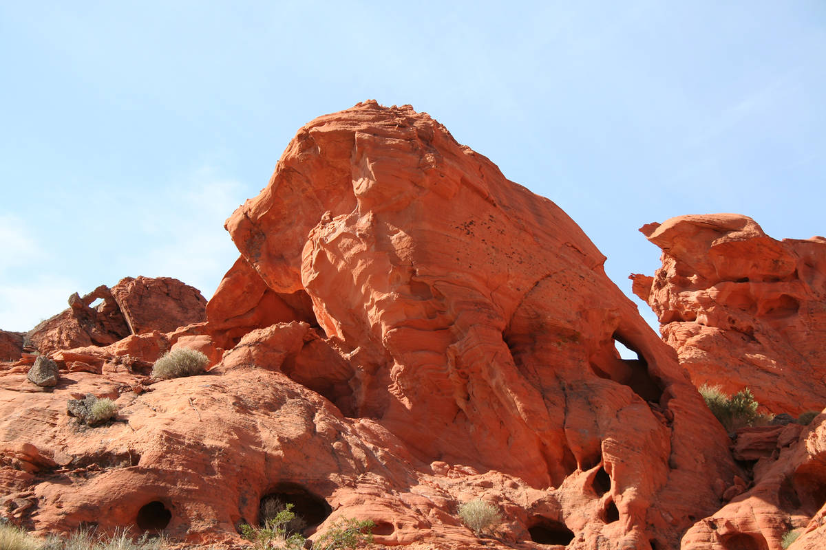 The fiery red outcropping named Bowl of Fire in Lake Mead National Recreation Area features san ...