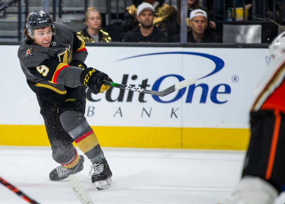 Vegas Golden Knights center Cody Glass (9) fires a shot a goal versus the Anaheim Ducks during ...