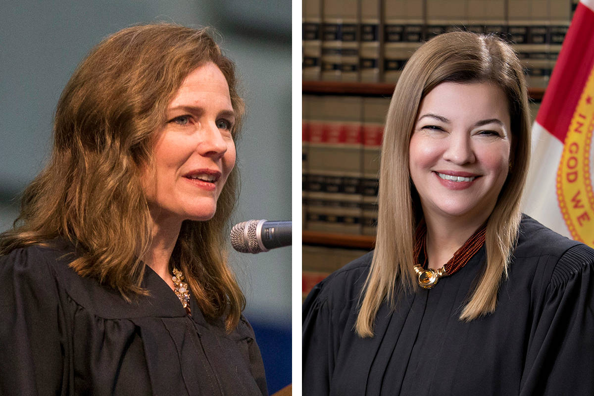 Amy Coney Barrett, left, United States Court of Appeals for the Seventh Circuit judge, and U.S. ...