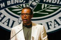 In a June 2, 2004, file photo, Gale Sayers addresses a luncheon sponsored by the College Footba ...