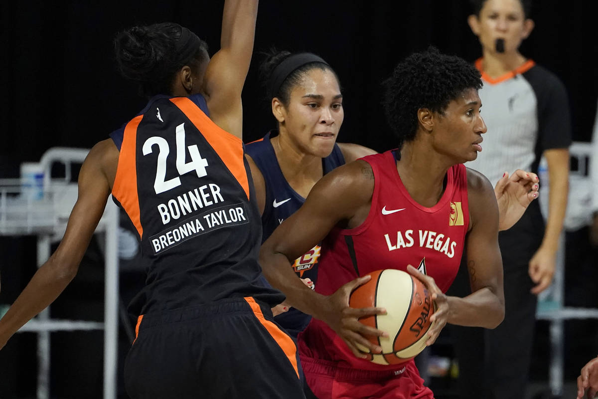 Las Vegas Aces forward Angel McCoughtry (35) looks to pass as she is guarded by Connecticut Sun ...