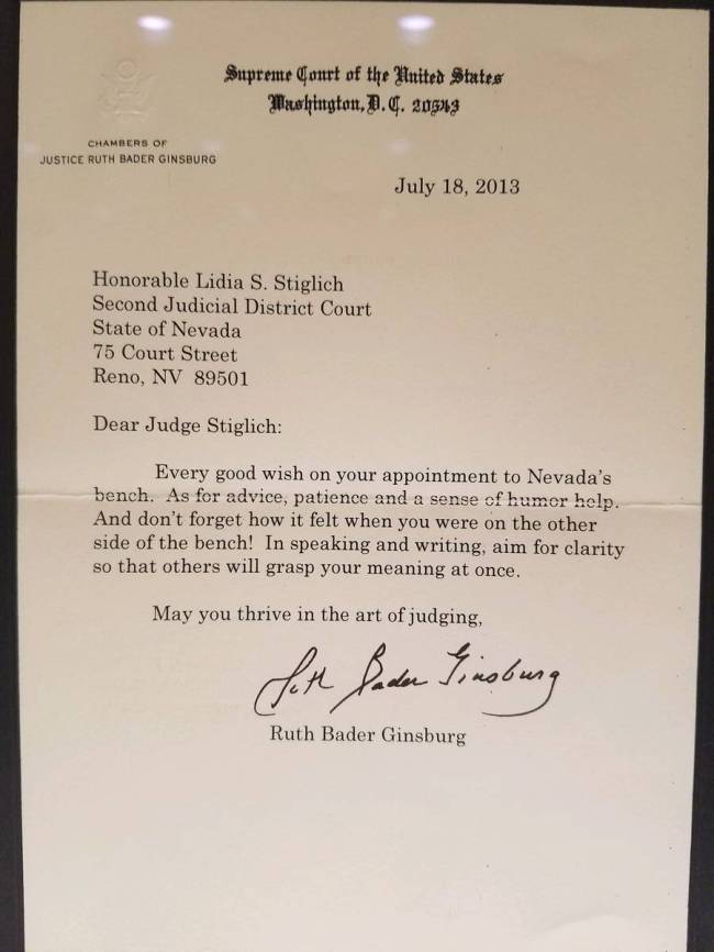 A letter U.S. Supreme Court Justice Ruth Bader Ginsburg wrote to Nevada Supreme Court Justice L ...