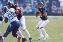 Jacksonville Jaguars quarterback Gardner Minshew (15) passes against the Tennessee Titans in th ...