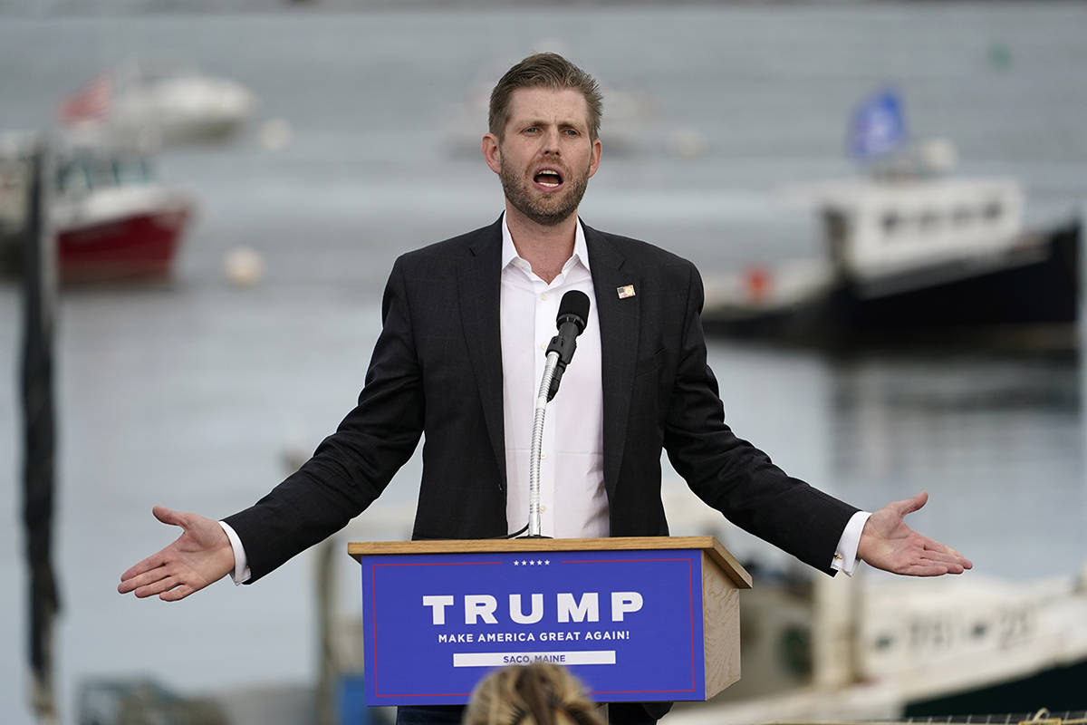 Eric Trump, the son of President Donald Trump, speaks at a campaign rally for his father, Tuesd ...