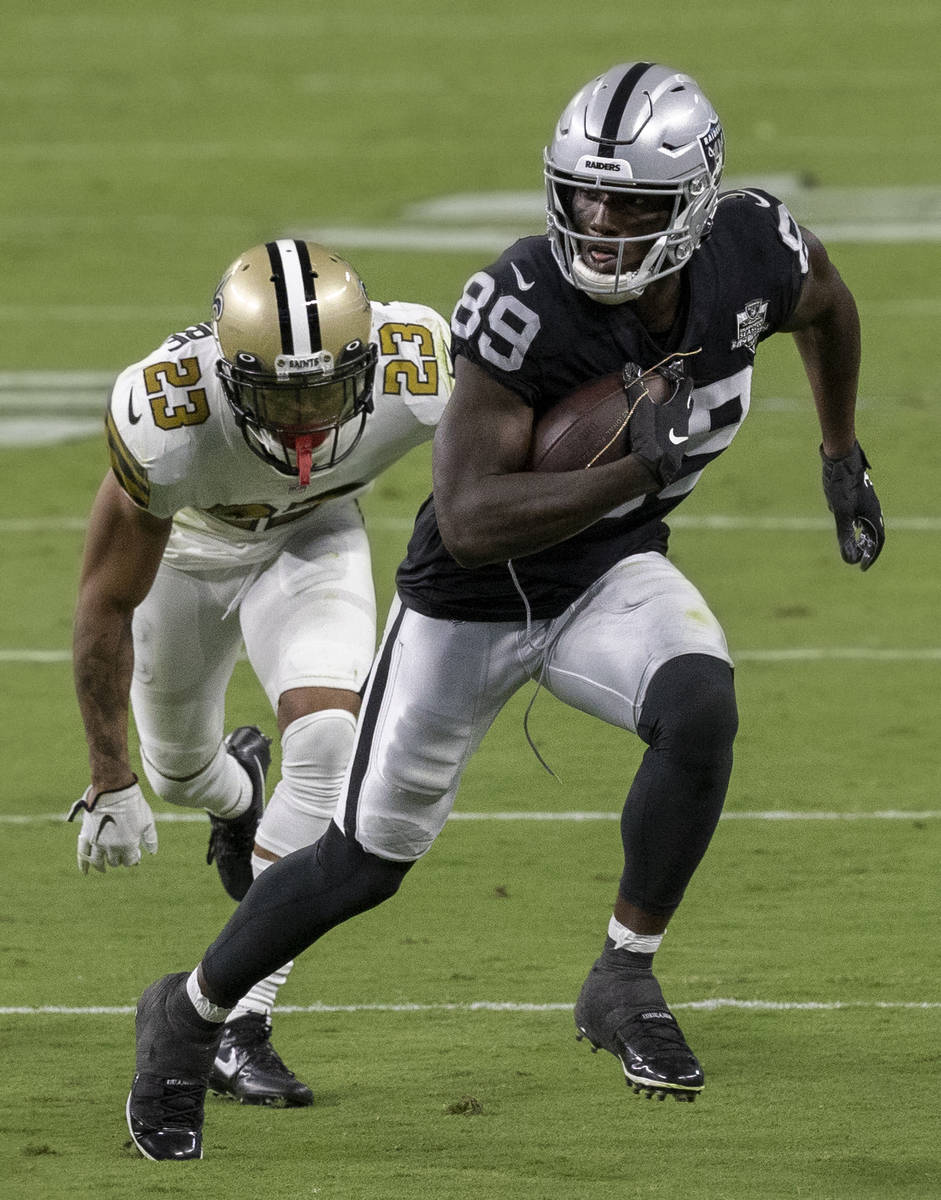 Las Vegas Raiders wide receiver Bryan Edwards (89) streaks toward the goal line past New Orlean ...
