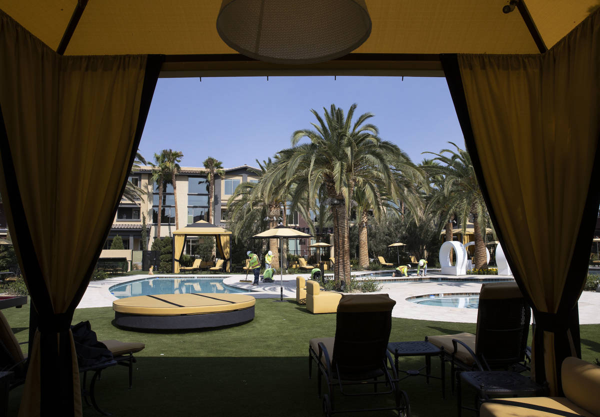 A cabana at a pool area at the Tuscan Highlands apartment complex under construction near the M ...