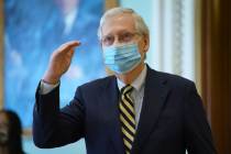 Senate Majority Leader Mitch McConnell, R-Ky., departs the chamber after speaking about the dea ...