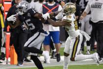 Las Vegas Raiders wide receiver Nelson Agholor (15) streaks down the sideline past New Orleans ...