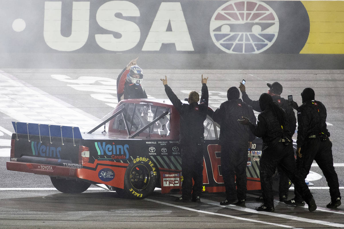 Austin Hill (16) wins the NASCAR Westgate 200 at Las Vegas Motor Speedway on Friday, Sept. 25, ...