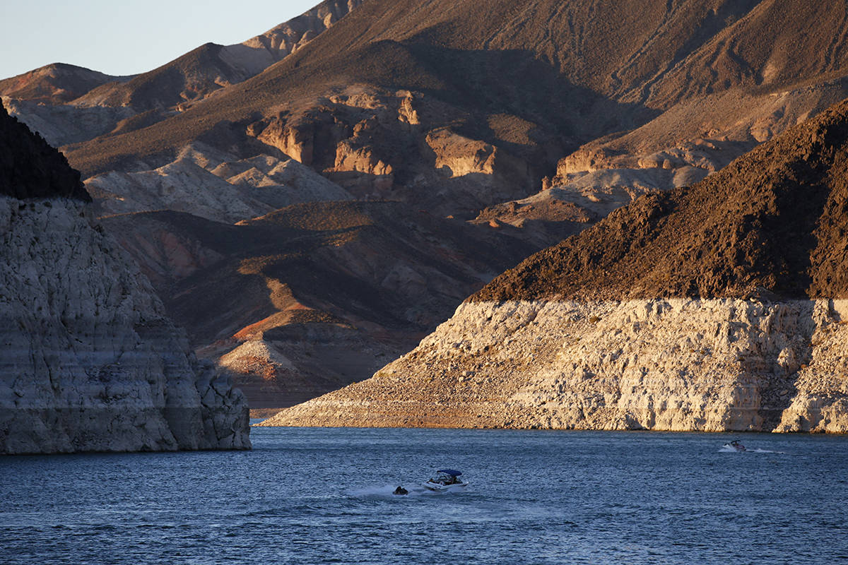 A bathtub ring of light minerals shows the high water line near Hoover Dam on Lake Mead at the ...
