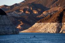 A bathtub ring of light minerals shows the high water line near Hoover Dam on Lake Mead at the ...
