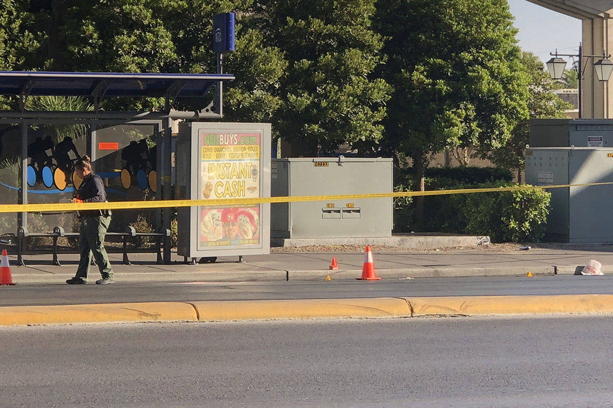 Police investigate a shooting Saturday, Sept. 26, 2020, outside Stage Door Casino, 4000 Linq La ...