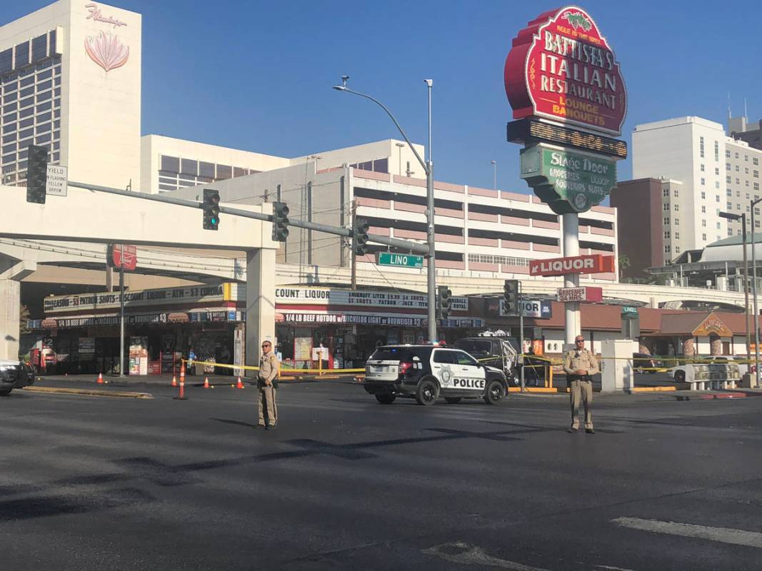 Police investigate a shooting Saturday, Sept. 26, 2020, outside Stage Door Casino, 4000 Linq La ...