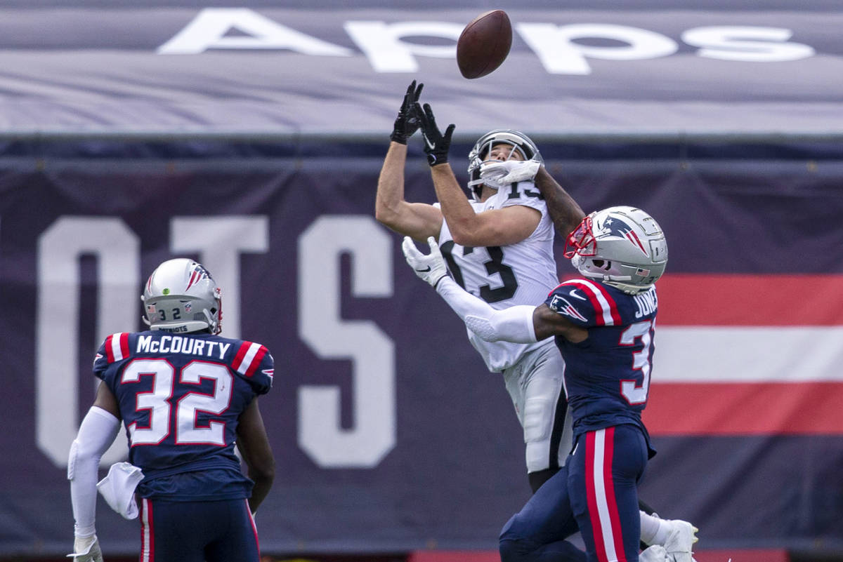 Las Vegas Raiders wide receiver Hunter Renfrow (13) prepares to catch the football as New Engla ...