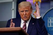 President Donald Trump gestures while speakings during a news conference at the White House, Su ...