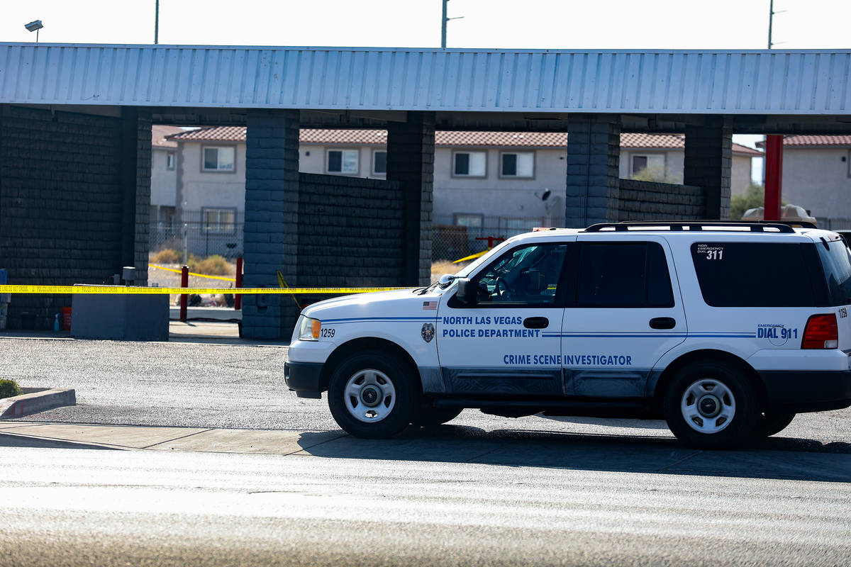 The scene of a homicide where a man was fatally shot Sunday morning at a car wash in North Las ...