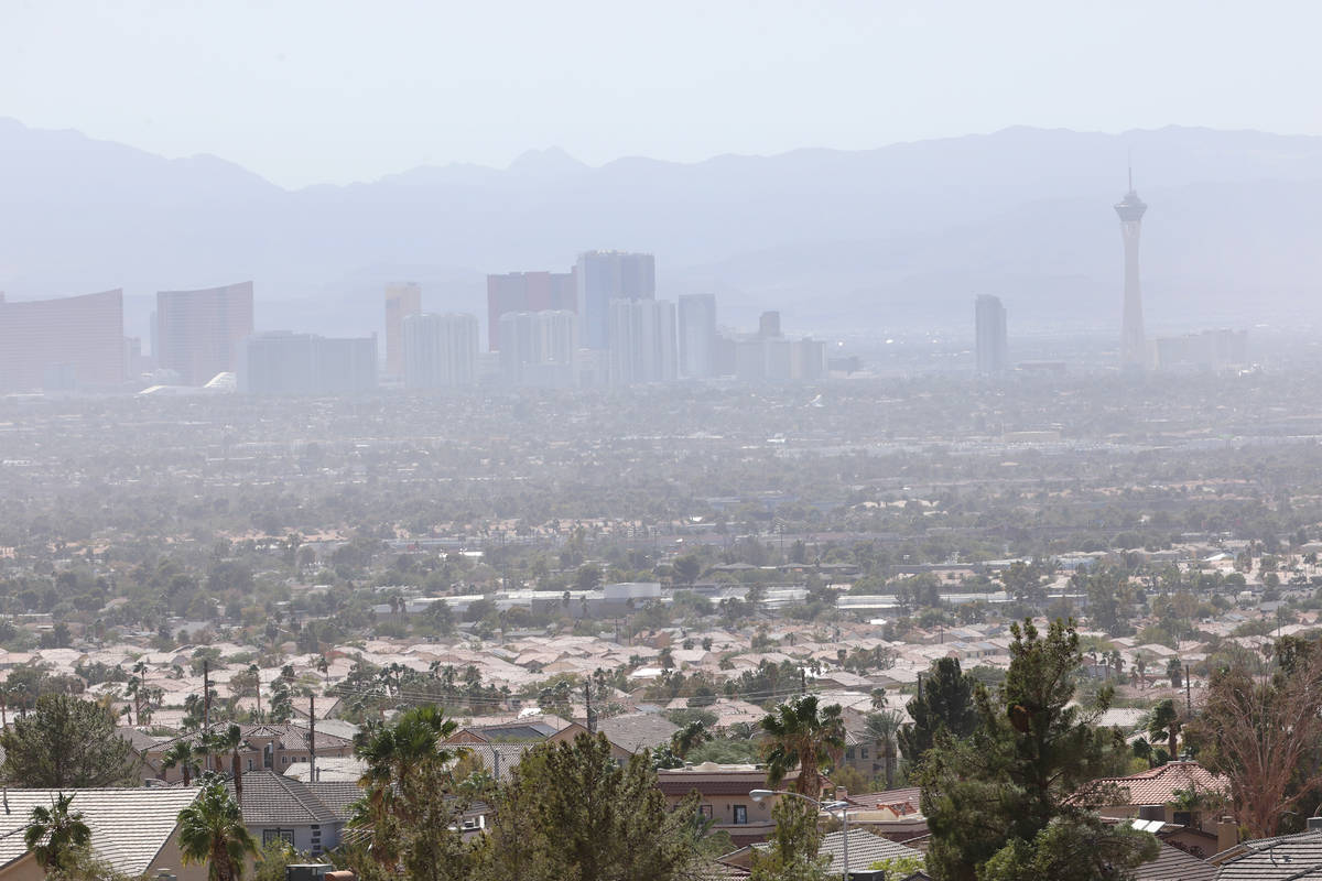 The Strip is seen during heavy smoke in Las Vegas, Tuesday, Sept. 8, 2020. Winds coming from th ...