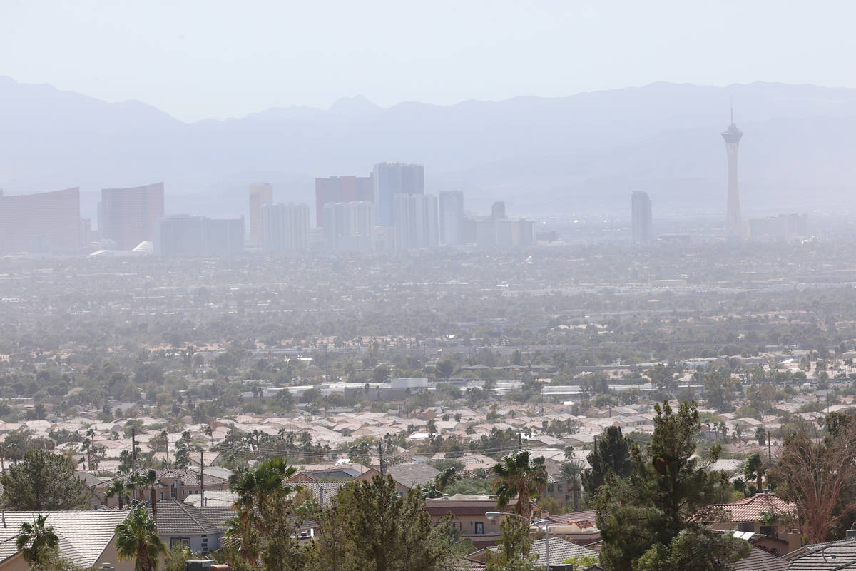 The Strip is seen during heavy smoke in Las Vegas, Tuesday, Sept. 8, 2020. Winds coming from th ...