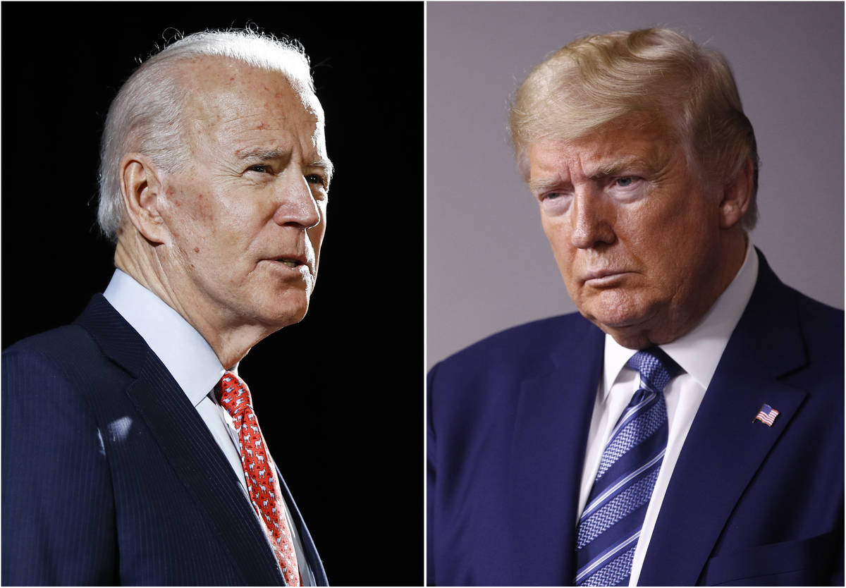 In this combination of file photos, former Vice President Joe Biden, left, speaks in Wilmington ...