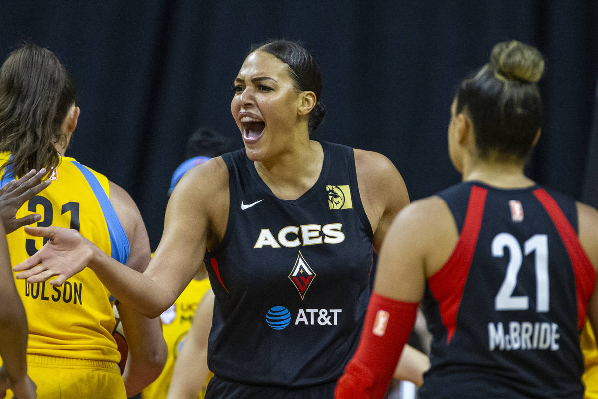 Las Vegas Aces center Liz Cambage (8) gets pumped after a basket over the Chicago Sky defenders ...