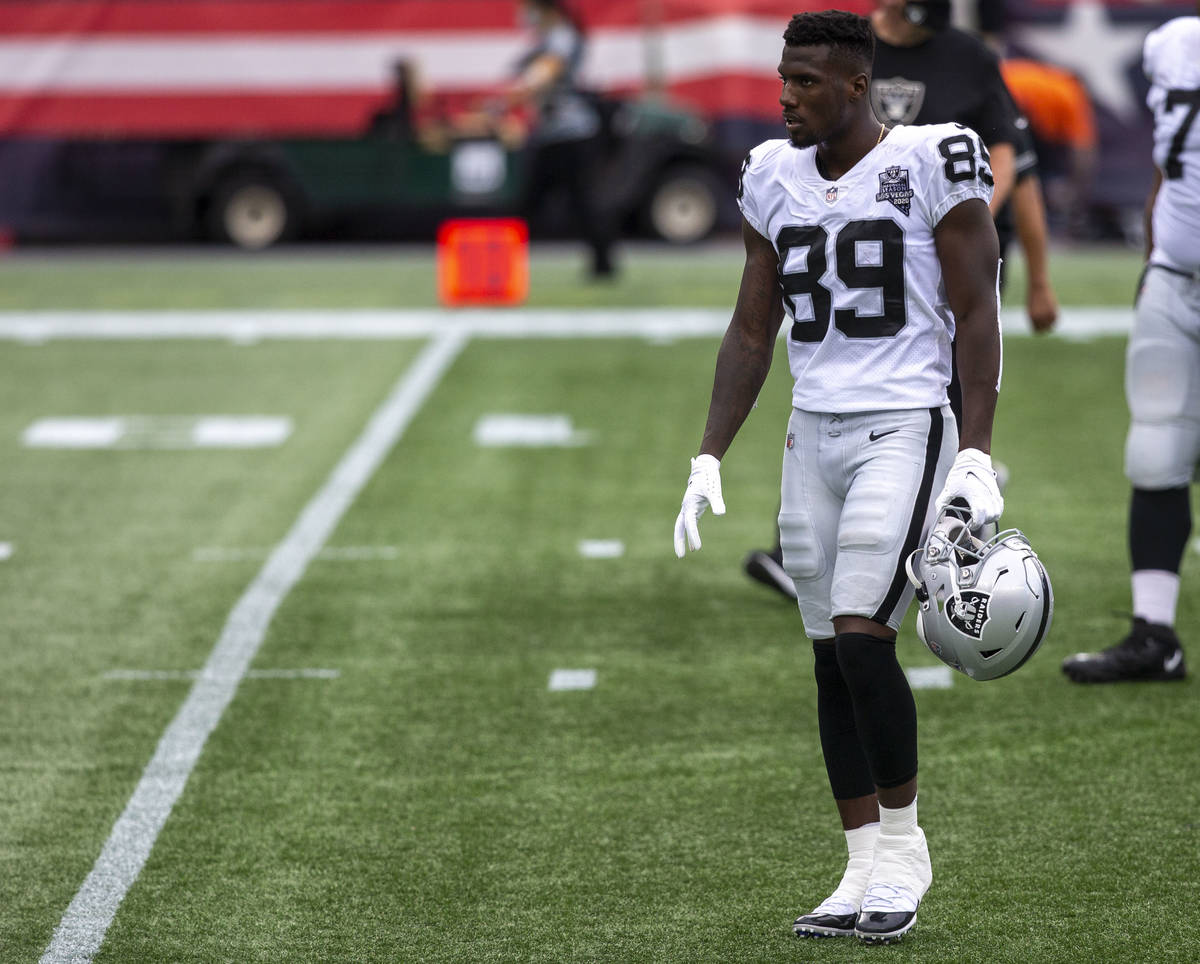 Las Vegas Raiders wide receiver Bryan Edwards (89) heads to the locker room for halftime during ...