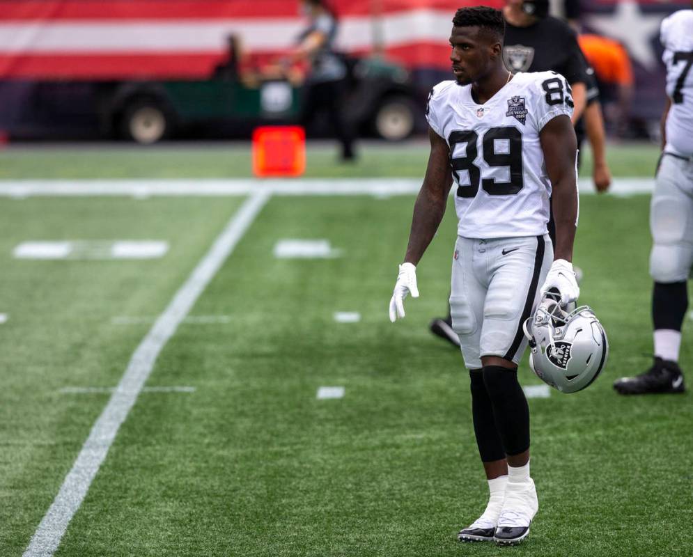 Las Vegas Raiders wide receiver Bryan Edwards (89) heads to the locker room for halftime during ...