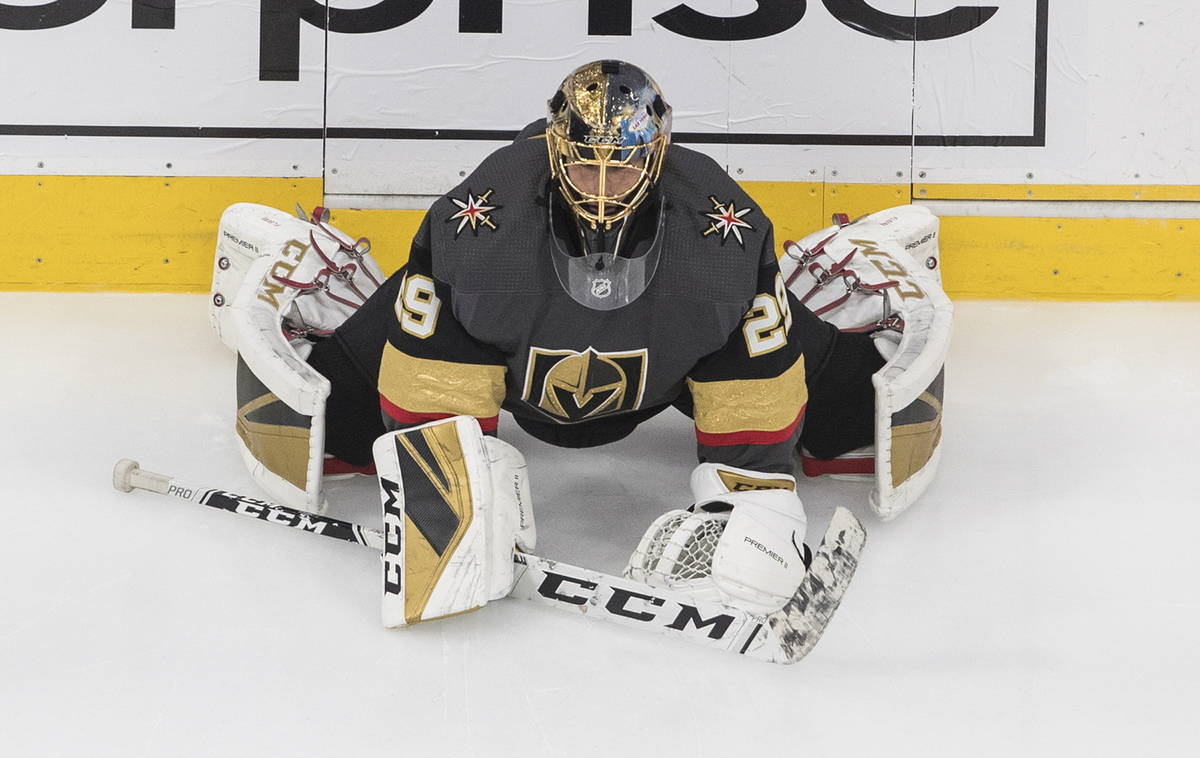 Vegas Golden Knights goalie Marc-Andre Fleury (29) warms up before NHL Western Conference Stanl ...