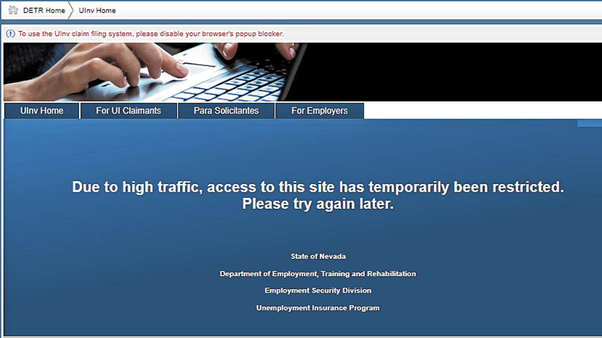 A screen shot taken of the Nevada unemployment website on Tuesday, April 14, 2020.