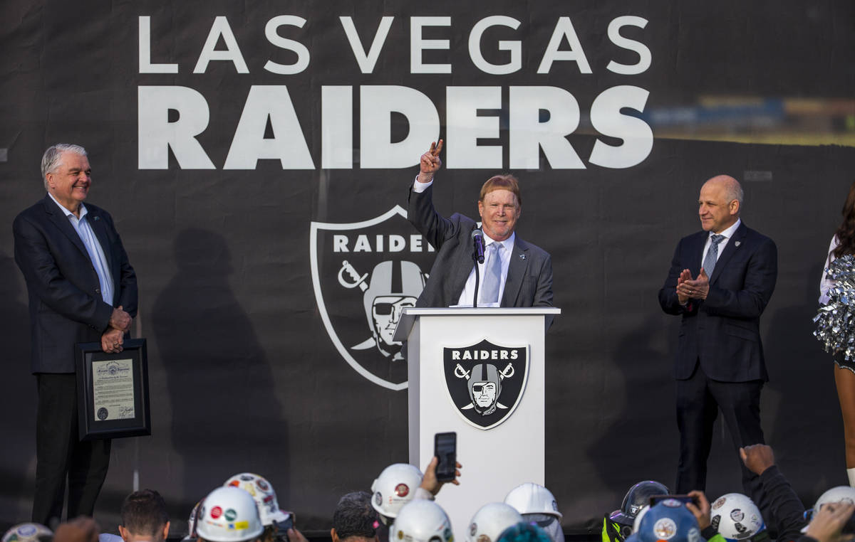 Las Vegas Raiders owner Mark Davis addresses the crowd during a ceremony at Allegiant Stadium o ...