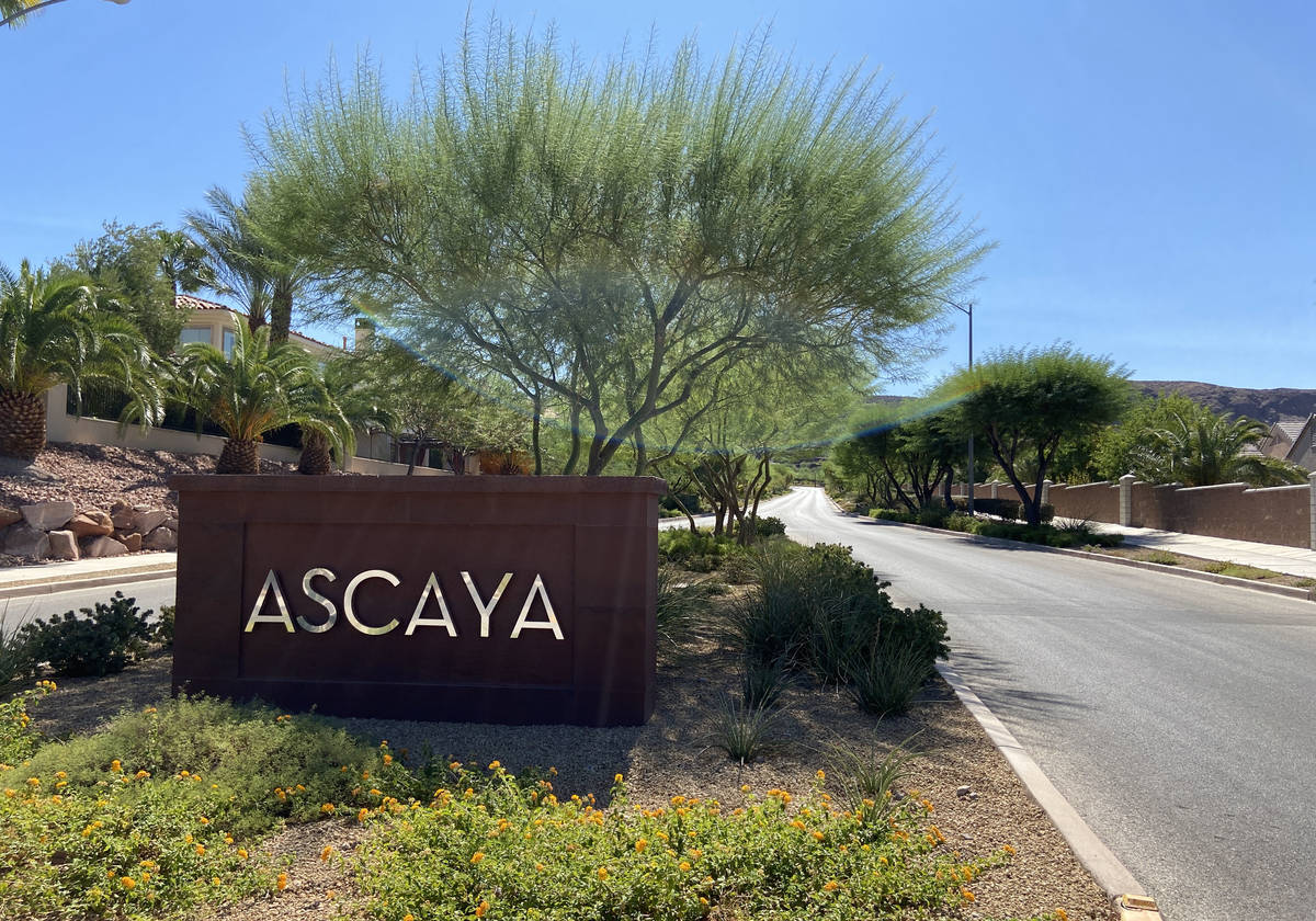 The entrance to Ascaya, an exclusive mountainside custom home community in Henderson, Nevada on ...