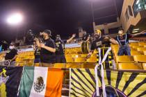 Las Vegas Lights FC fans cheer at the start of a USL Championship soccer game against Orange Co ...