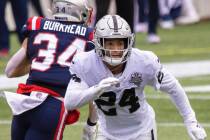 Las Vegas Raiders strong safety Johnathan Abram (24) blitz’s past New England Patriots r ...