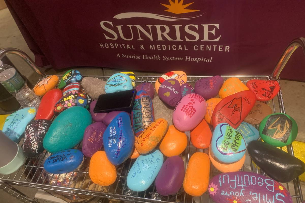 A memorial rock garden is seen at Sunrise Hospital and Medical Center. (Sabrina Schnur/Las Vega ...