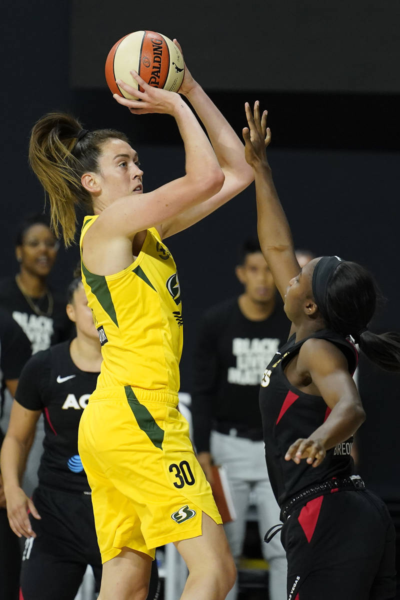 Seattle Storm forward Breanna Stewart (30) shoots over Las Vegas Aces guard Jackie Young (0) du ...