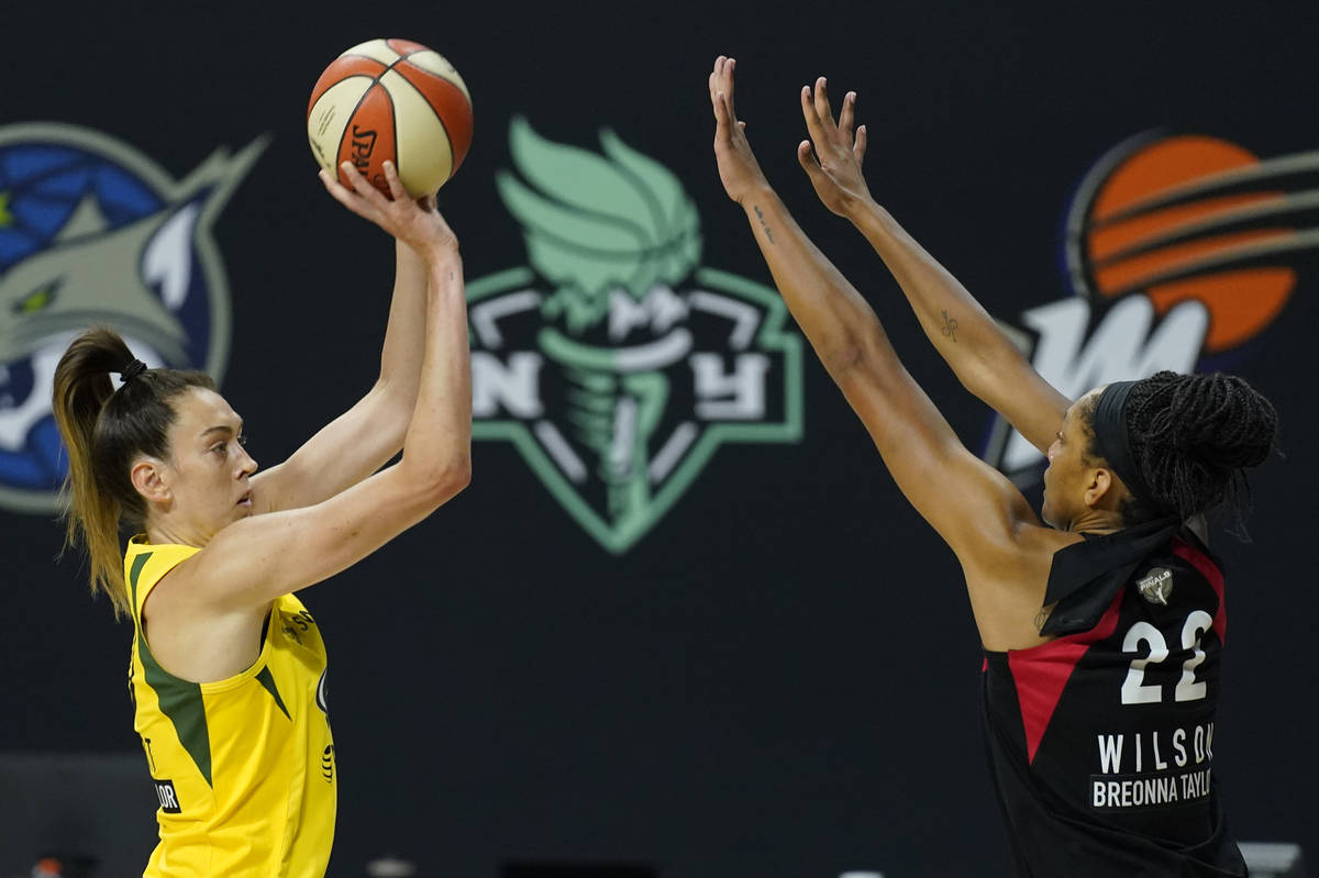 Seattle Storm forward Breanna Stewart (30) shoots against Las Vegas Aces center A'ja Wilson (22 ...