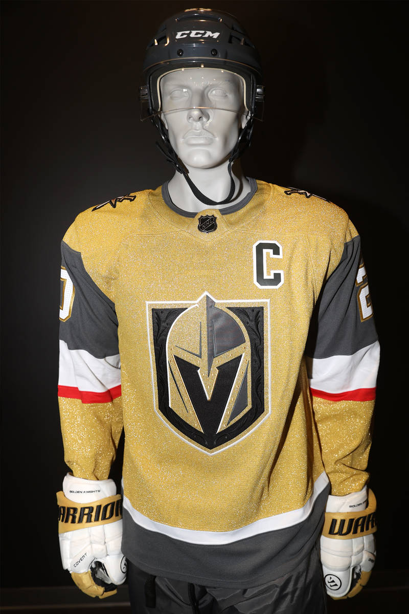 The Vegas Golden Knights third jersey is displayed at City National Arena in Las Vegas, Friday, ...