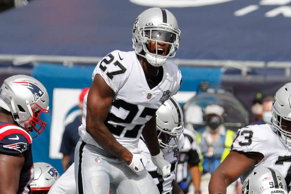 Las Vegas Raiders' Trayvon Mullen celebrates a sack against the New England Patriots during an ...