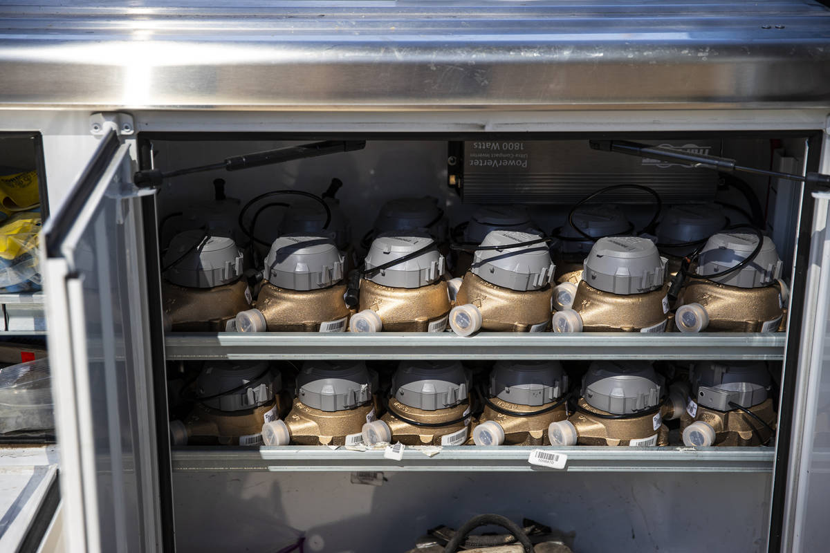 New water meters are seen in a Las Vegas Valley Water District vehicle in Las Vegas on Wednesda ...