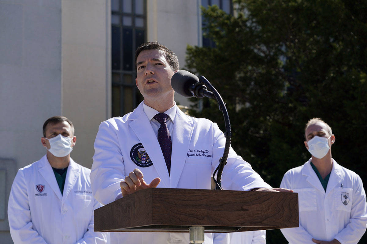 Dr. Sean Conley, physician to President Donald Trump, briefs reporters at Walter Reed National ...