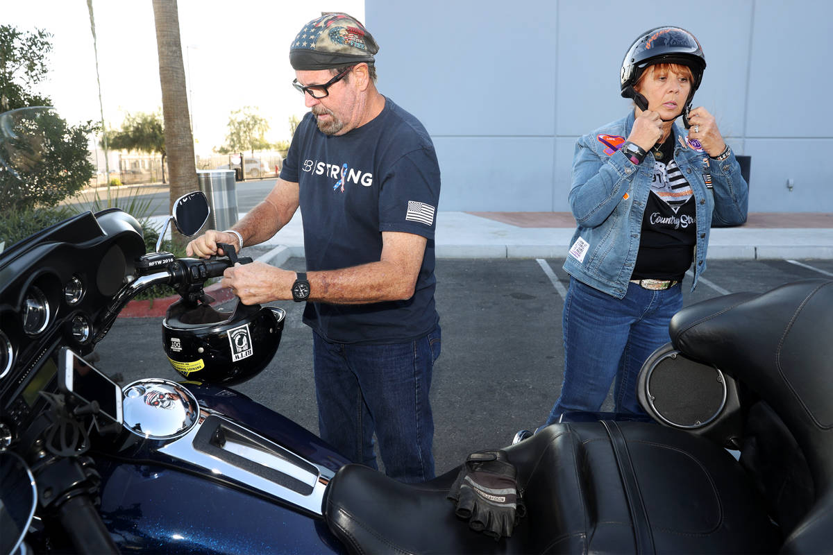 Greg and his wife Carla Bordeau get ready to ride in the Country Strong Foundation Route 91 Mem ...